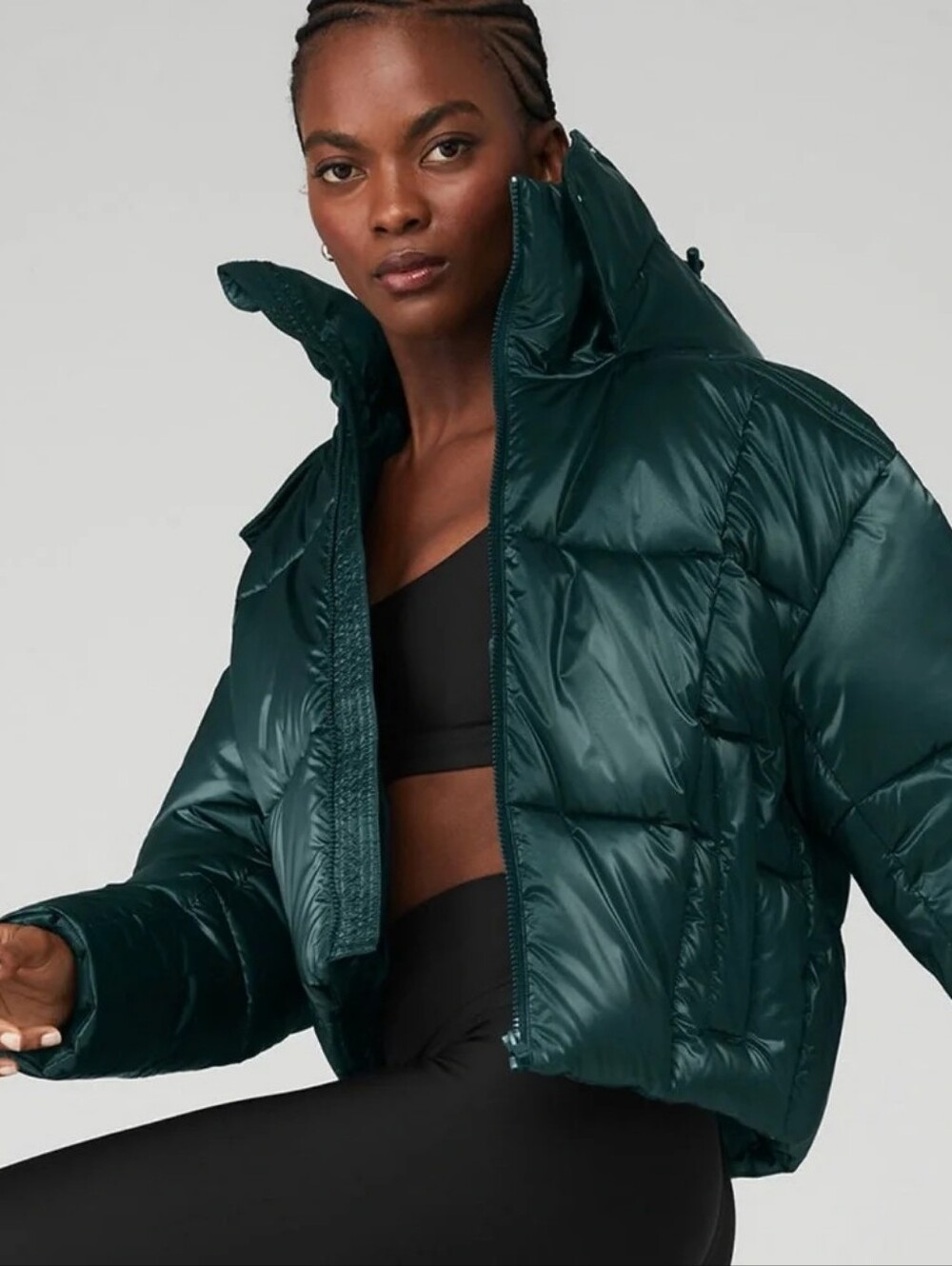 Alo Yoga Pearlized Pristine Puffer Hooded Jacket Coat in Midnight Green MEDIUM